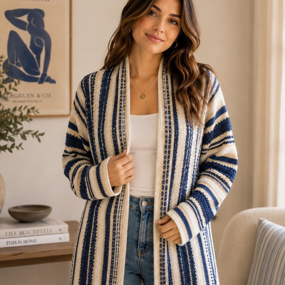 NorthStyle Blue Cream Striped Open Front Longline Crochet Knit Cardigan L